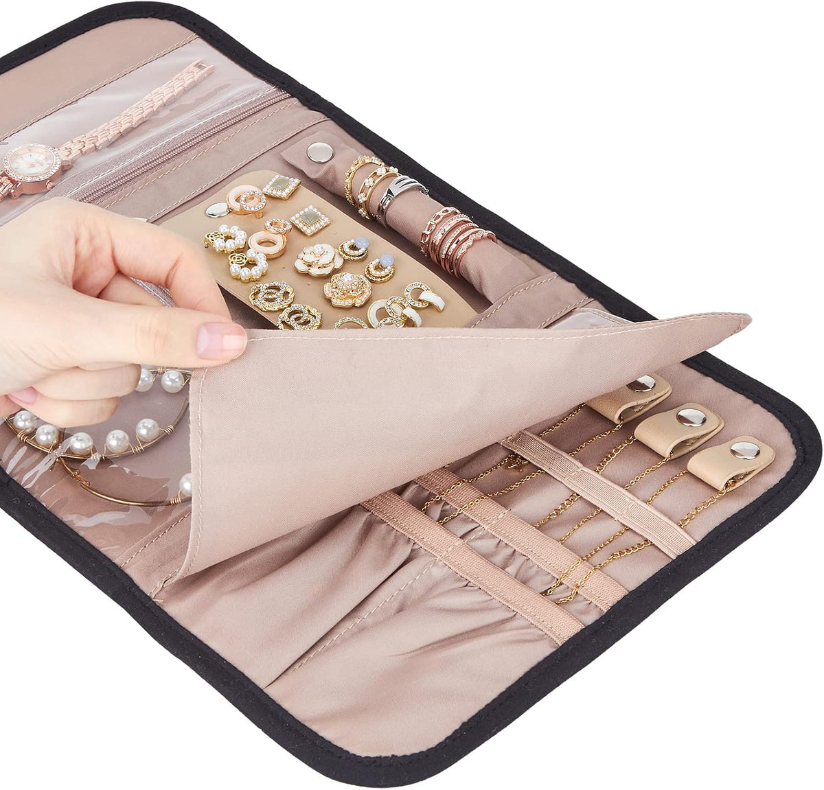 BELALIFE Travel Jewelry Case Organizer, Medium Foldable Storage Roll for Earrings, Necklaces, Rings, Bracelets, Brooches, Black