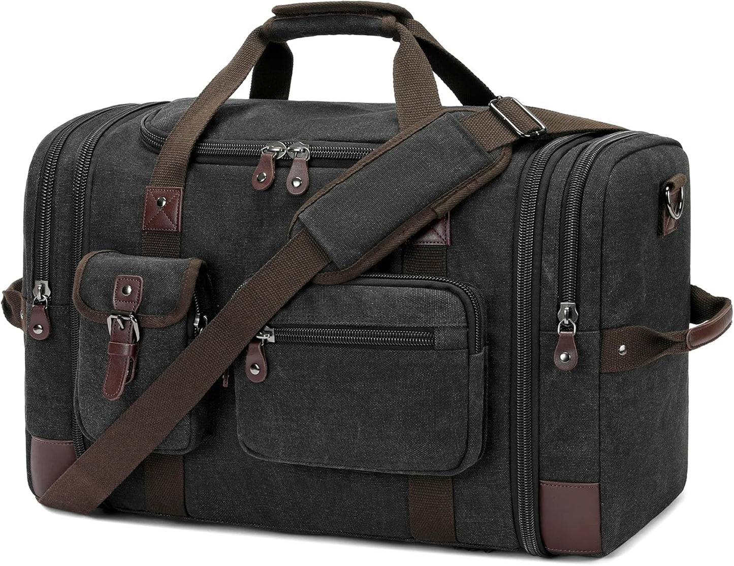 Travel Duffle Bag for Men, Heavy Duty Canvas Duffle Bag, Carryon Bags for Airplanes, Expandable Vintage Leather Overnight Luggage Weekender Bag, Waterproof Anti-tear Canvas Bag