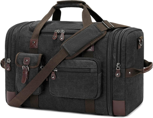 Travel Duffle Bag for Men, Heavy Duty Canvas Duffle Bag, Carryon Bags for Airplanes, Expandable Vintage Leather Overnight Luggage Weekender Bag, Waterproof Anti-tear Canvas Bag