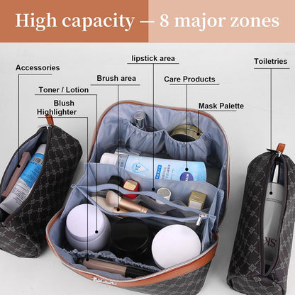 BOYATU Travel Makeup Bag Cosmetic Bags for Women: 3 Pcs Set Large Portable Make up Bag with Handle - Vegan Leather Toiletry Bags with Compartments - Makeup Organizer for Travel Essentials(01-Black)