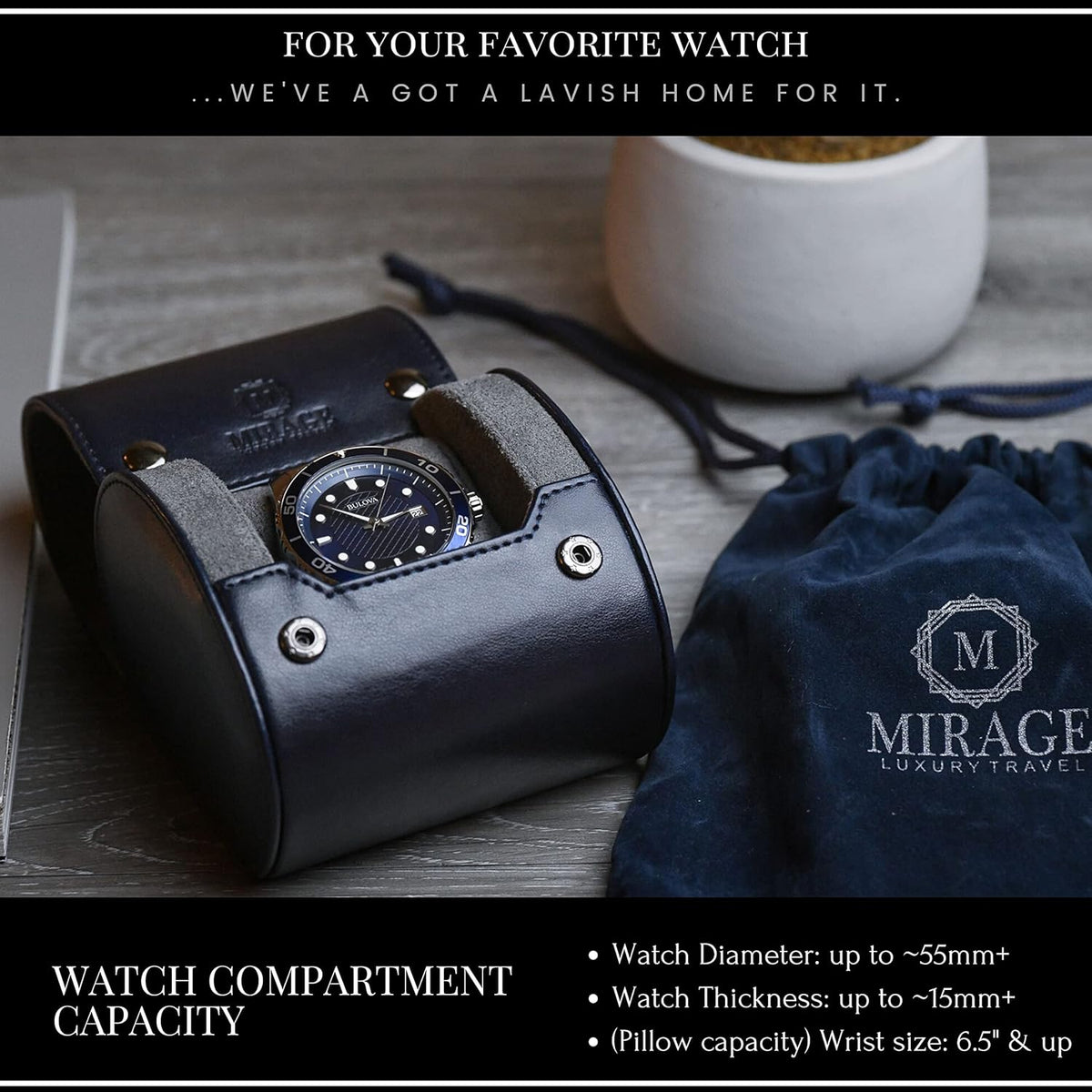 Single Watch Case - 1 Watch Travel Case Holder - Midnight Blue Swiss Motif Vegan Leather