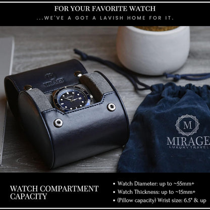 Single Watch Case - 1 Watch Travel Case Holder - Midnight Blue Swiss Motif Vegan Leather