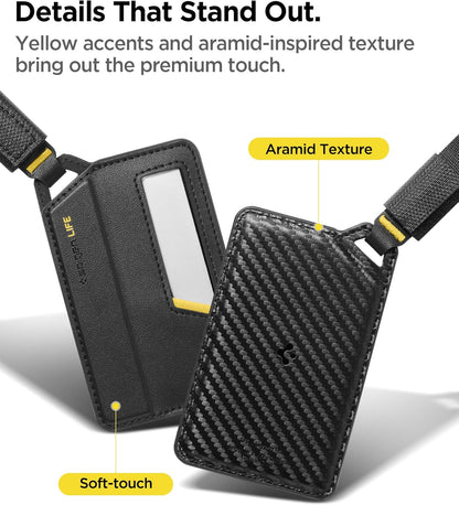 Spigen Life Luggage Tags Premium Velo Vegan Leather ID Label for Suitecase Travel Bag Accessories with Magnetic Closure Privacy Protection Design Durable Strap - Black (2 Pack)