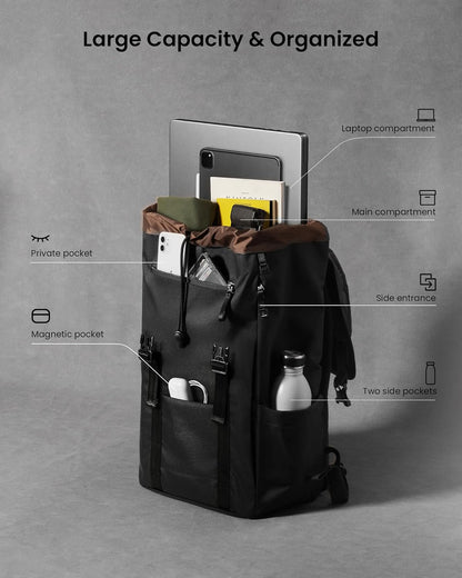 tomtoc Flap Laptop Backpack, Lightweight, Water-Resistant Casual Daypack, Durable Work-pack, Vintage Classic Rucksack for 13-15.6 Inch Laptop, perfect for Campus, Street, 22L, Dark