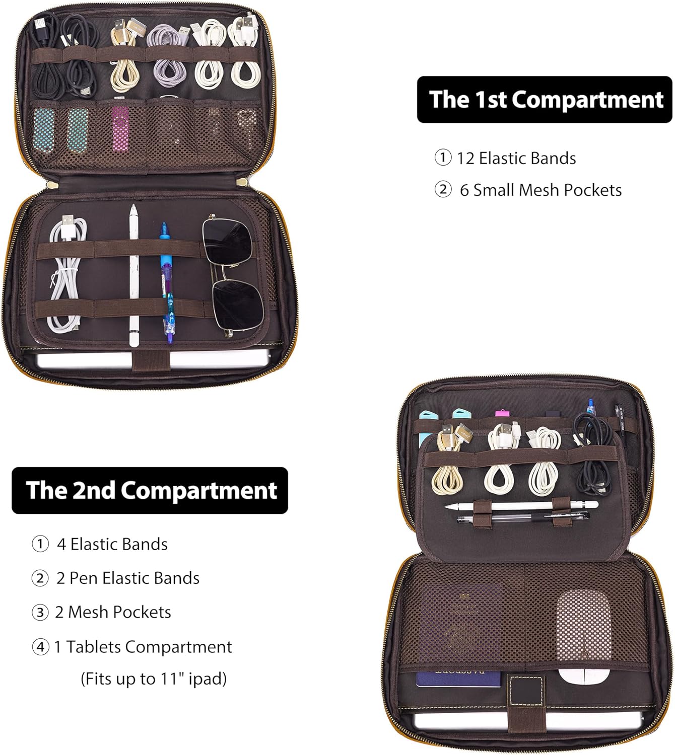 LANNSYNE Full Grain Leather Electronic Organizer Accessory Travel Tech Pouch, Cable Accessories Bag, Storage Carry Case for Charger, Phone, Power Bank, Cables