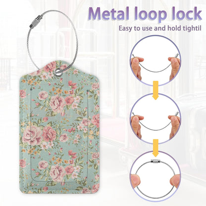 2Pcs Luggage Tag for Suitcase Vintage Floral Shabby Chic Pink Rose Cute Suitcase Tag with Privacy Flap & Name ID Label & Metal Loop,Travel Bag Luggage Tags for Women