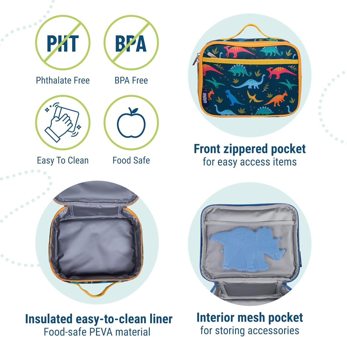 Wildkin Kids Insulated Lunch Box – Durable and Reusable for School & Travel - Jurassic Dinosaurs