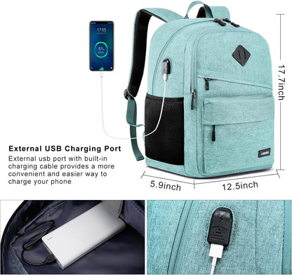 School Backpack for Teen Girls and Boys, Bookbag for College with USB Charging Port, 15.6 Inch Laptop Bag Middle School Back Pack, Teal