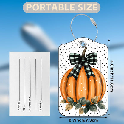 Pumpkin with Checkered Bow Set of 2 Luggage Tags for Suitcases Black Polka Dot Leather Suitcase Tags Identifiers with Privacy Name Label and Stainless Steel Loop for Women Travel Luggage Accessories