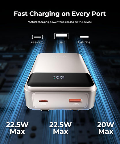 Portable-Charger-Power-Bank Travel Essentials Battery Pack USB C 30000mAh Built in Cable 22.5W Phone Fast Charging Powerbank Compatible with iPhone 16 15 14 13 12 11 iPad Google Xiaomi (Gold)