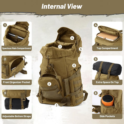 50L Tactical Backpack for Men and Women, Water-Resistant Molle Rucksack, Large Military Assault Pack for Hiking, Hunting, Camping, Gym & Outdoor Survival Khaki