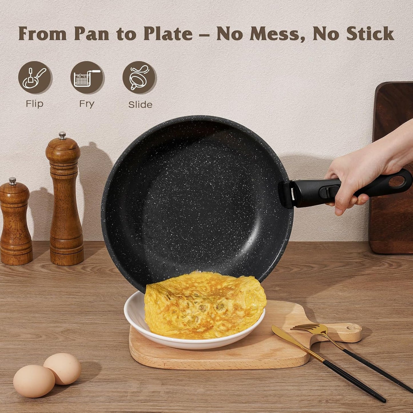 17 Pcs Pots and Pans Set Non Stick, Cookware Sets with Detachable Handle, Nonstick RV Kitchen Cooking Tools Removable Handles, Oven Safe, Induction Fast, Stackable Induction Cookware, Black