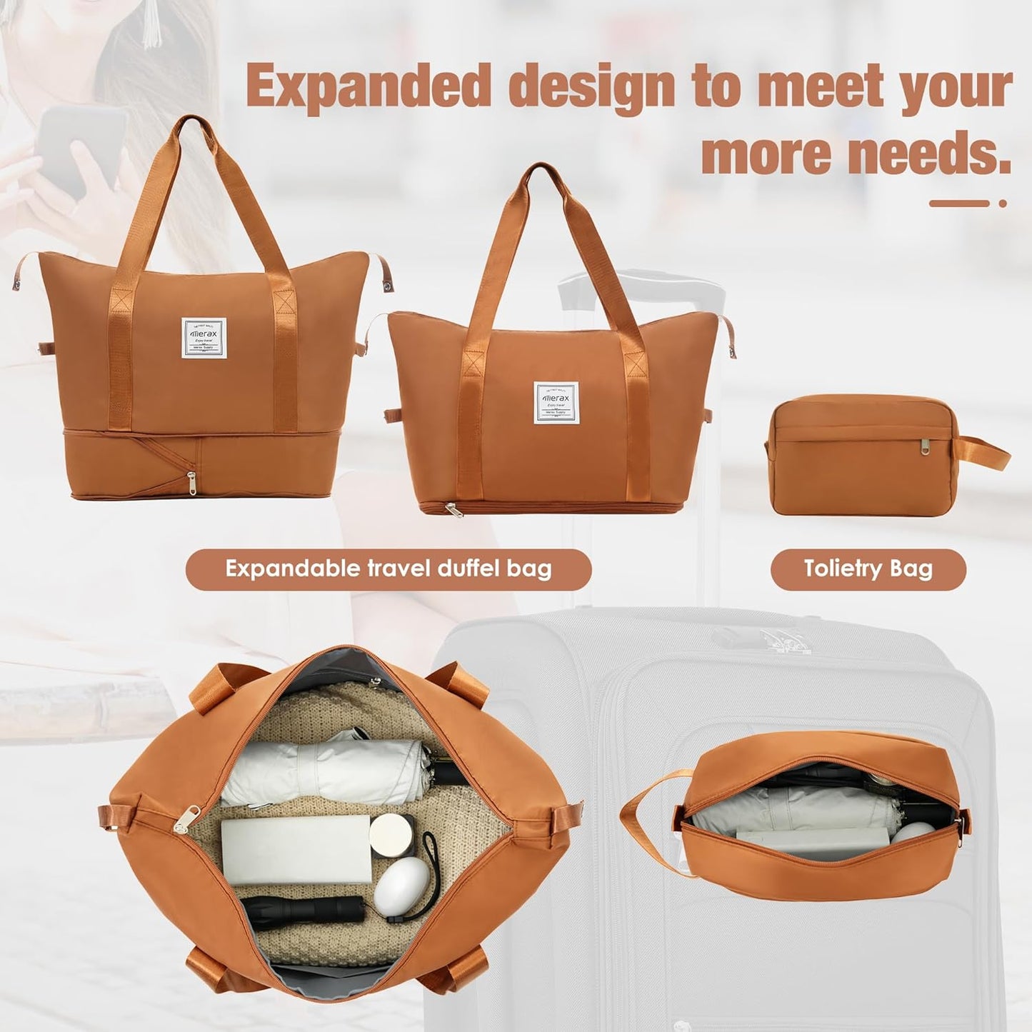 Merax Softside Luggage Set Softshell Lightweight 3 Piece Spinner Suitcase with Duffel Bag Expandable Upright Travel Luggage 22" 26" 30",Orange