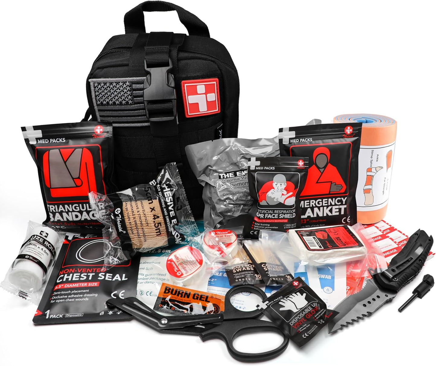 Survival First Aid Kit with Israeli Bandage, Splint, Chest Seal, Tactical Military Combat Molle IFAK for Wound Care, Bleeding Control, Trauma Hemorrhage and More