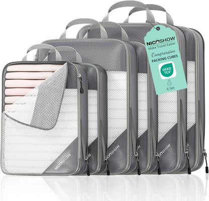 6 Set Compression Packing Cubes for Travel - Compressible, Lightweight, and Space-Saving Packing Cubes, Travel Essentials for Women, Grey