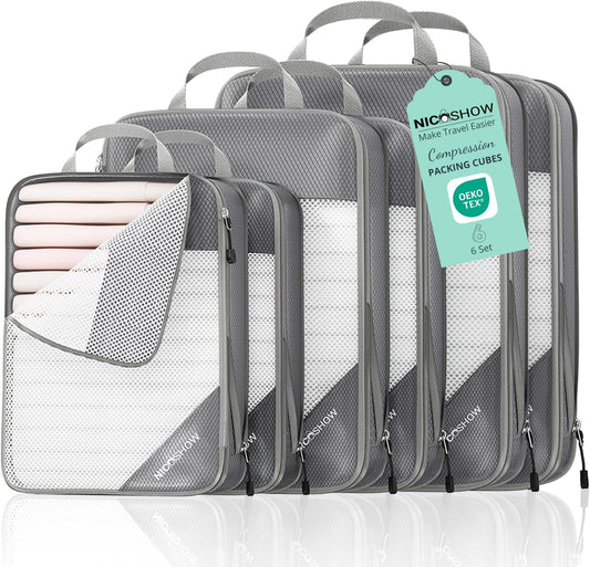 6 Set Compression Packing Cubes for Travel - Compressible, Lightweight, and Space-Saving Packing Cubes, Travel Essentials for Women, Grey