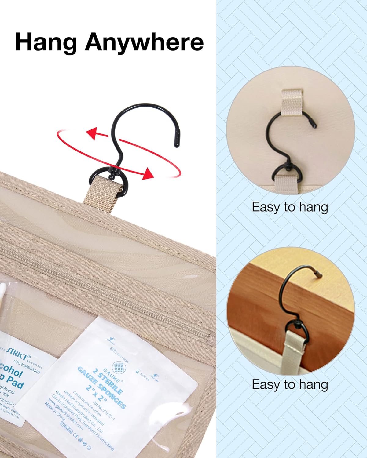 BAGSMART Travel Toiletry Bag Hanging Travel Makeup Organizer Cosmetic Bag Makeup Bag for Full Sized Toiletries, Basic-Pink