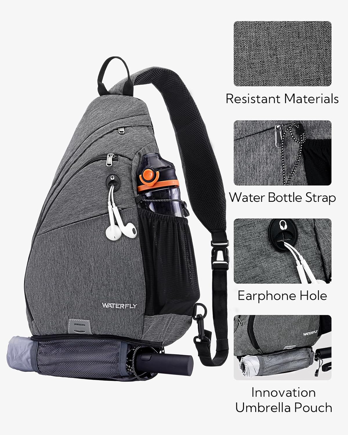 WATERFLY Large Crossbody Sling Bag: Over Shoulder Backpack Daypack Casual Cross Chest Side Pack