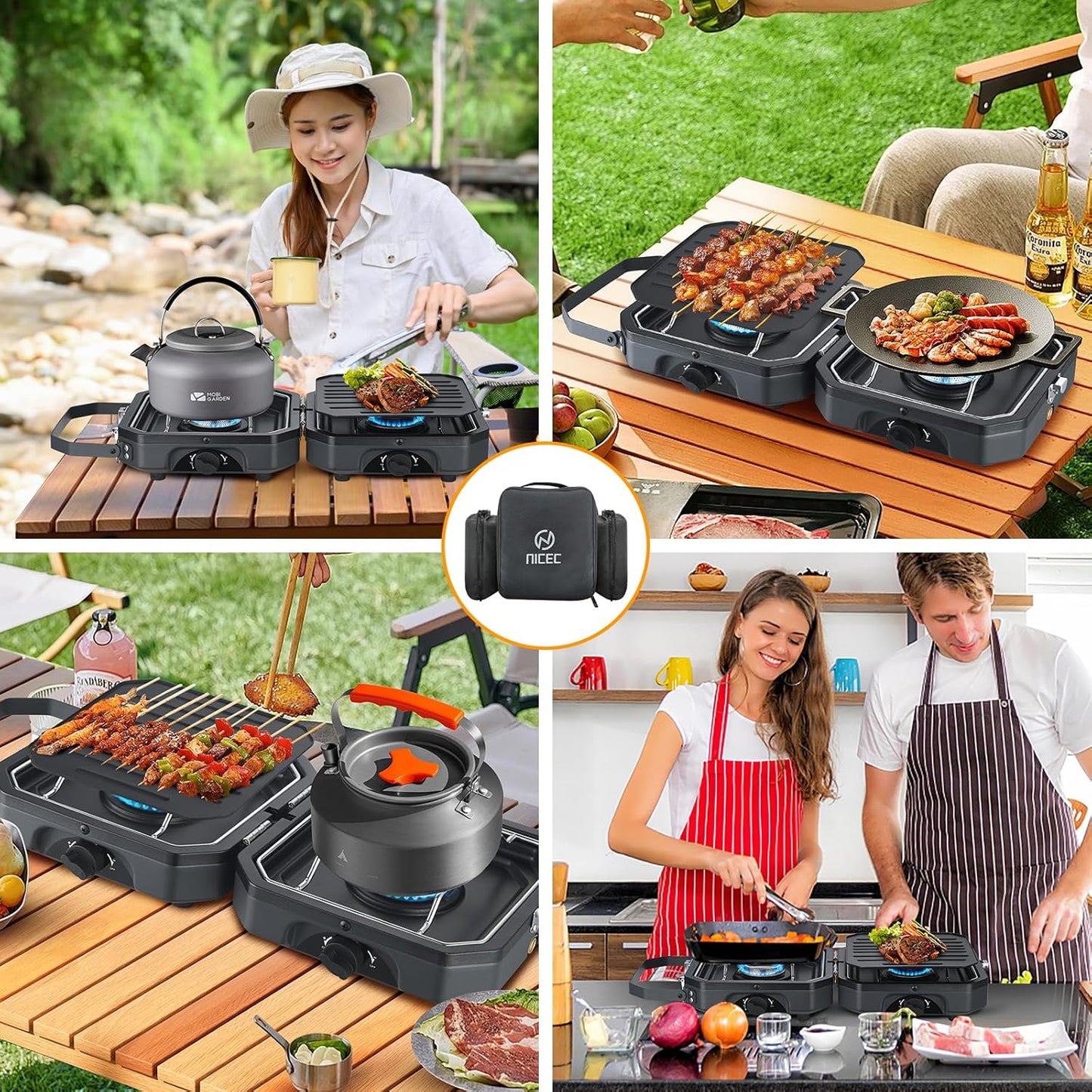 Nice C Camping Stove, Camping Stove Propane, 2 Burner Propane Camping Stove with Grill, Camp Stove, Portable Stove, 16,000 BTU Camp Stove with 2 Burner, Grill & Carry Bag for Camping