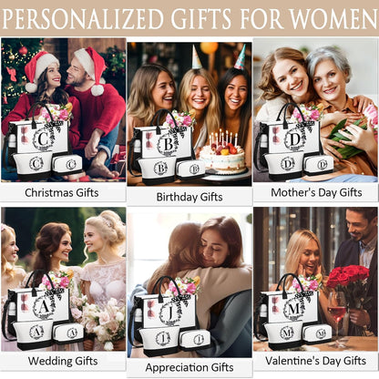 Personalized Mothers Day Gifts for Women, Initial Canvas Tote Bag & Makeup Bag Monogrammed Beach Tote Bag for Women w/Zipper, Birthday Gifts for Women Mom Her Girlfriend Wife Sister Friend Daughter