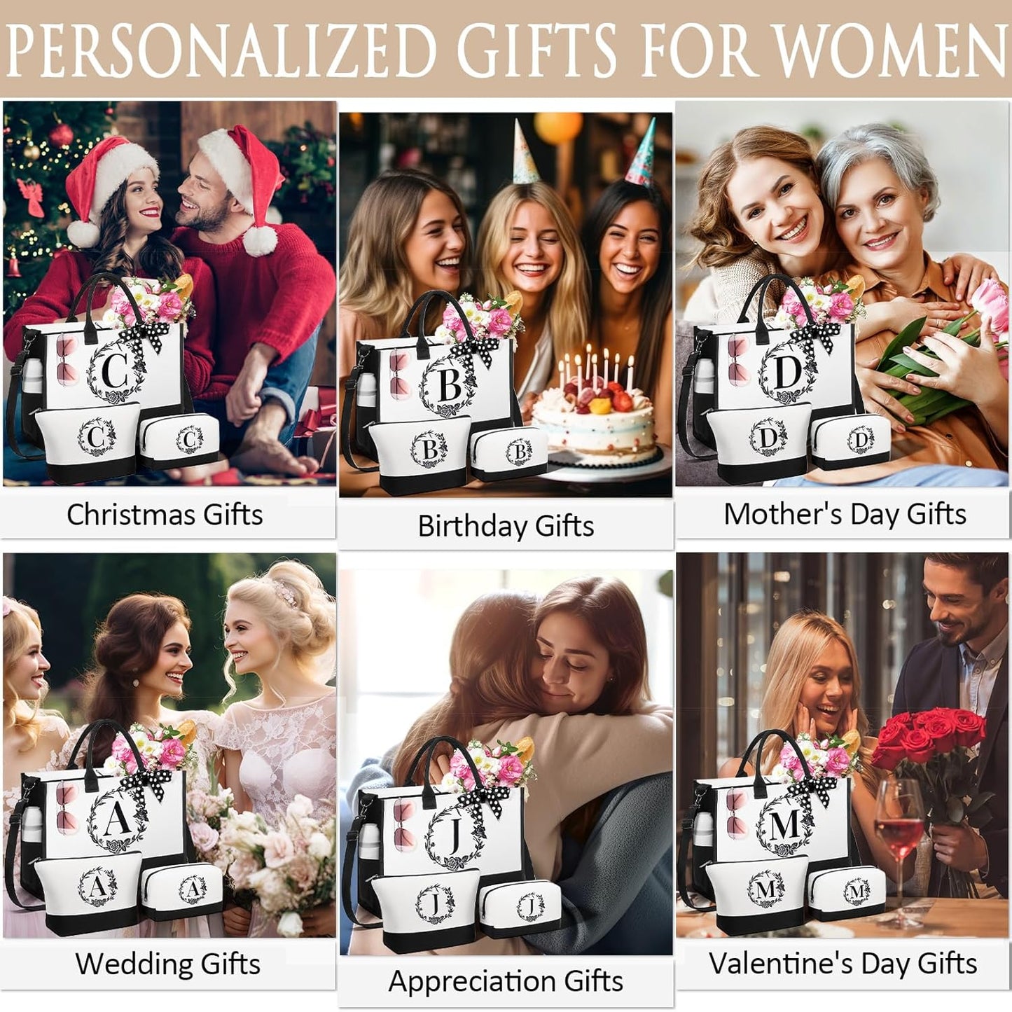 Personalized Mothers Day Gifts for Women, Initial Canvas Tote Bag & Makeup Bag Monogrammed Beach Tote Bag for Women w/Zipper, Birthday Gifts for Women Mom Her Girlfriend Wife Sister Friend Daughter