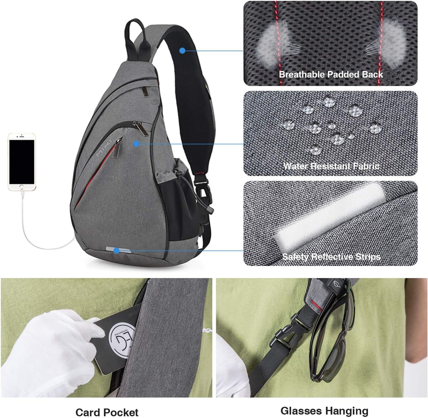 mixi Sling Bag Men Backpack Unisex One Shoulder Bag Hiking Travel Backpack Crossbody with USB Port for Men Women Versatile Casual Daypack-20 inch,Gery