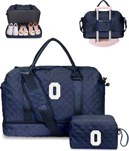 Personalized Gifts-Initial Duffle Bag with Shoe Compartment, Personalized Weekender Bag, Monogram Overnight Bag, Letter Travel Bag with Makeup Bag，Birthday Gift for Grandma (Letter O)