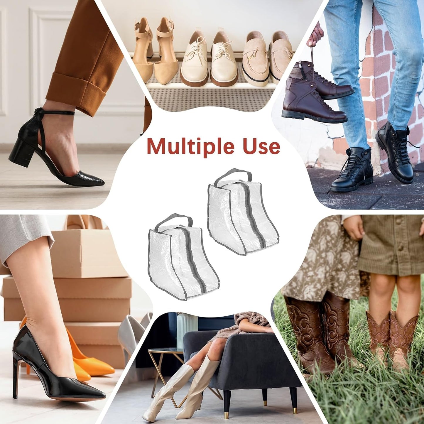 Boot Storage Bags [2PCS] - Plastic Short Boot Carry Bags Clear Shoe Bags with Handle for Travel & Daily Use - [Gray] Waterproof & DustProof Boot Bags for Cowboy Boots