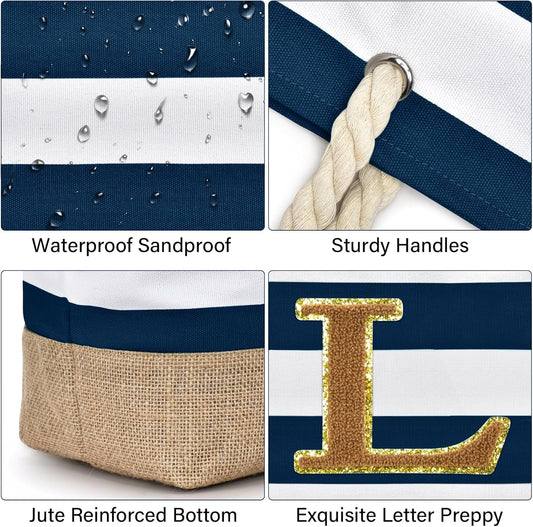 Becokan Beach Bag Initial Beach Tote with Makeup Bag for Travel Work Storage Personalized Birthday Gifts for Women Her