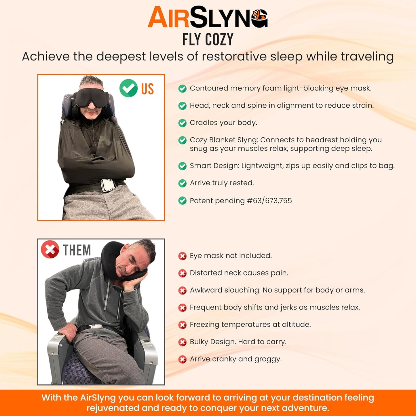 3-in-1 Airplane Sleep Support System - Integrated Plane Sleeping Accessories with Memory Foam Long Haul Flight Pillow, Adjustable Travel Eye Mask, and Blanket-Like Body Sling - Fits in Carry On