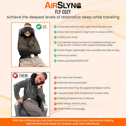 3-in-1 Airplane Sleep Support System - Integrated Plane Sleeping Accessories with Memory Foam Long Haul Flight Pillow, Adjustable Travel Eye Mask, and Blanket-Like Body Sling - Fits in Carry On