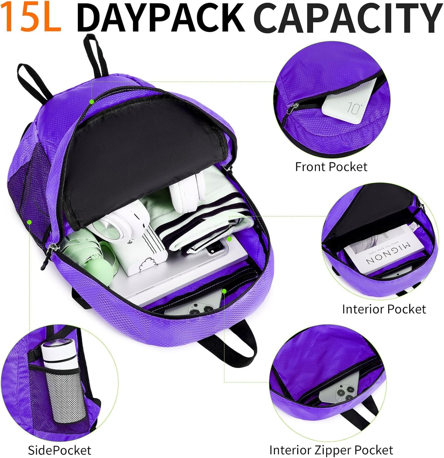 Small Hiking Daypack,15L Water-Resistant Hiking Backpack Packable Lightweight Travel Day Pack for Women Men (Purple, Small)