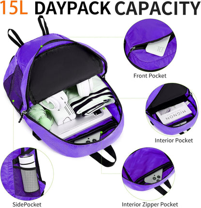 Small Hiking Daypack,15L Water-Resistant Hiking Backpack Packable Lightweight Travel Day Pack for Women Men (Purple, Small)