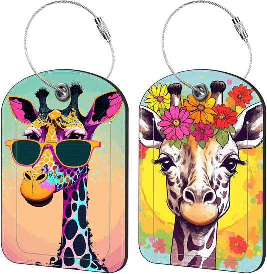 Funny Giraffe Luggage Tag for Suitcase Set of 2 PU Leather Cute Luggage Tags with Stainless Metal Loop ID Label Privacy Flap Suitcase Tags for Women and Men Travel
