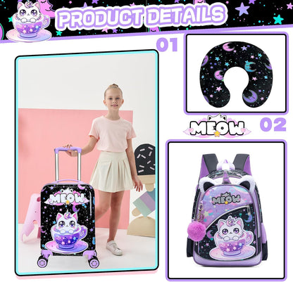 Kid's Luggage Set 5 Piece Suitcase Set 16' Hardside Spinner Wheels Girls Carry On Toddler Travel Rolling Airline Approved