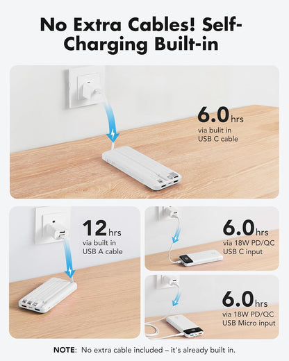 charmast 20000mAh Portable Charger with Built in Cables, 22.5W Travel Power Bank Fast Charging, USB C Cell Phone Battery Pack for iPhone 16/15/14/13/12/11 Series, iPad, Samsung, Android, Tablet