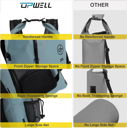 UPWELL 30L Waterproof Dry Bag Boating Backpack for Travel Hiking Camping Kayaking Hiking Swimming Floating Submersible Dry Bag grey