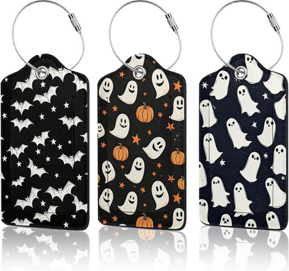 3 Pack PU Leahter Happy Halloween Luggage Tag with Stainless Steel Loop,Travel Suitcase Labels with Privacy Cover ID Label Quickly Spot for Bags