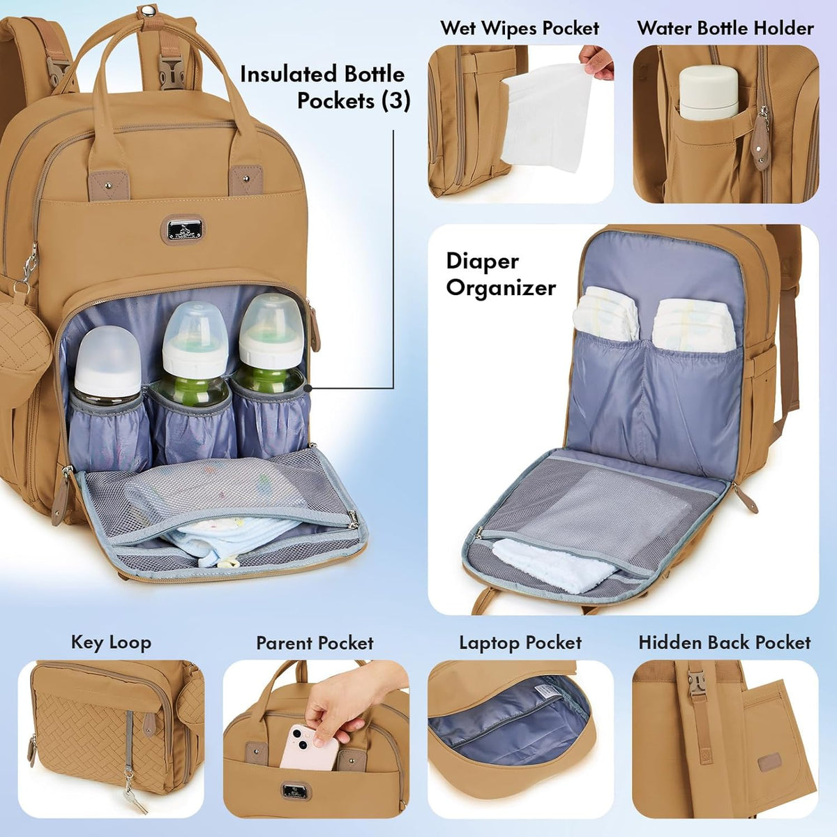 Dikaslon Diaper Bag Backpack with Portable Changing Pad, Pacifier Case and Stroller Straps, Large Unisex Baby Bags for Boys Girls, Multipurpose Travel Back Pack for Moms Dads, Tan