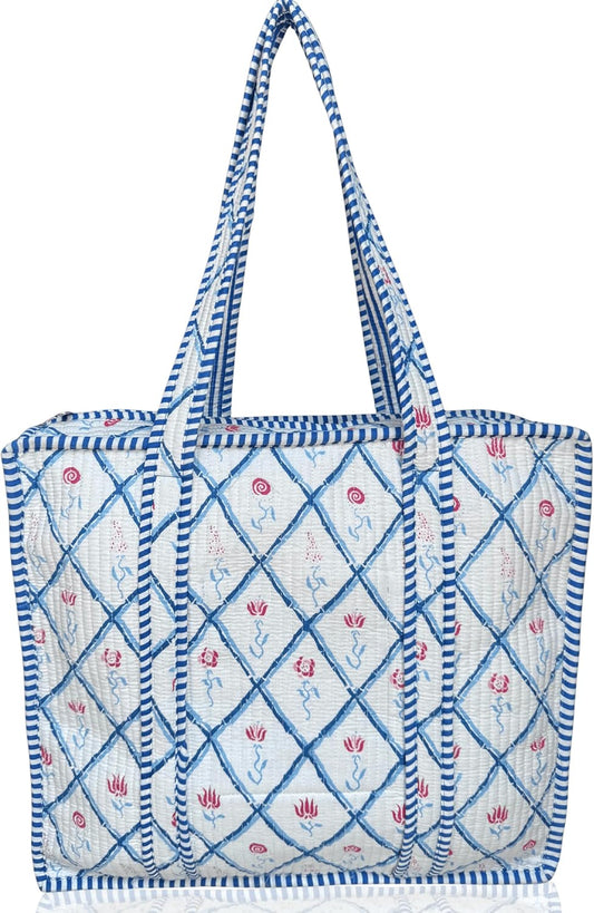 Cotton Quilted Tote Bag for Women – Large Beach & Travel Tote with Zipper, Reusable Grocery Bag