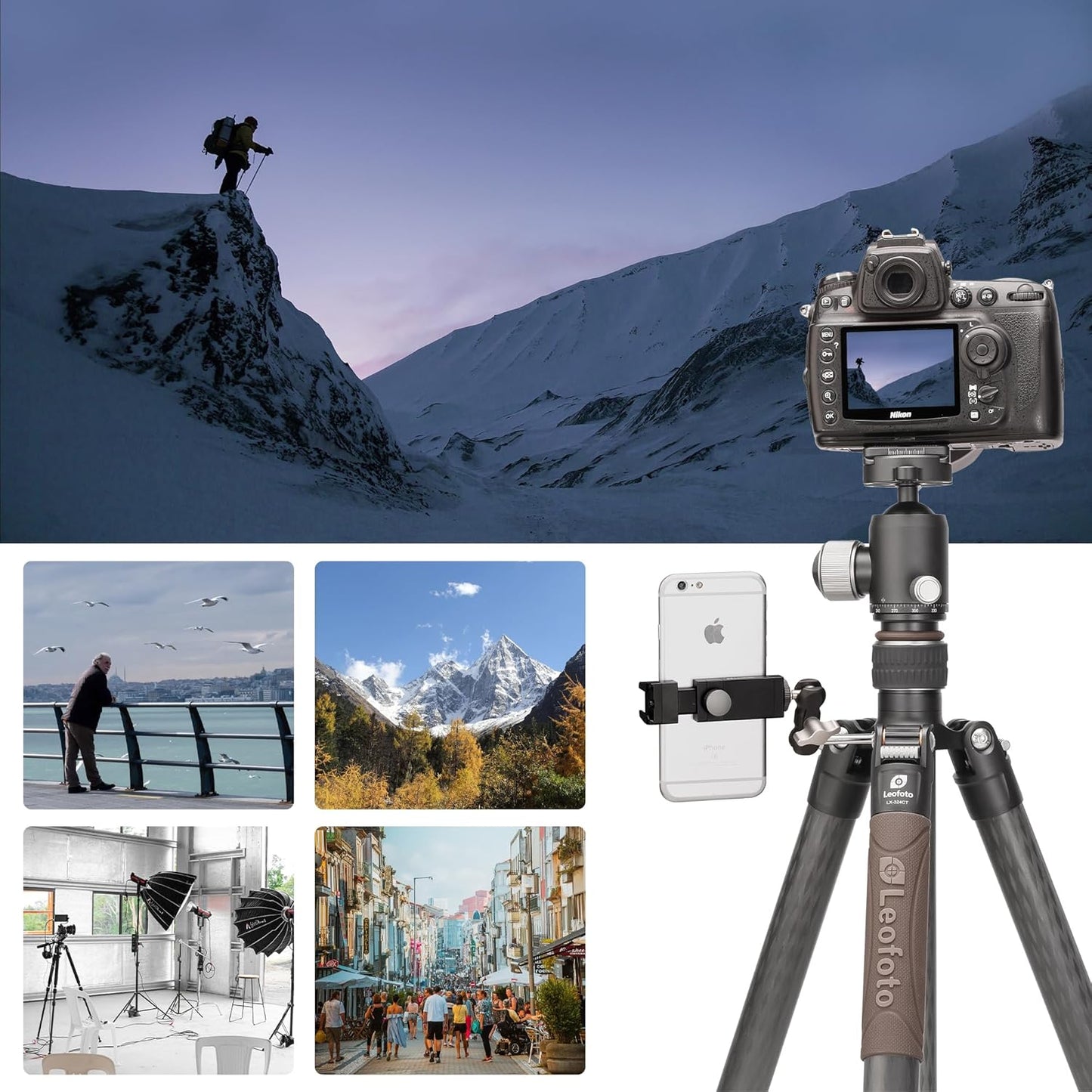 Carbon Fiber Lightweight Travel Tripod with Ball Head, Removable Center, Maxload 10kg, Weight 1.66kg, Folded 470mm (LX-284CT+XB-38)