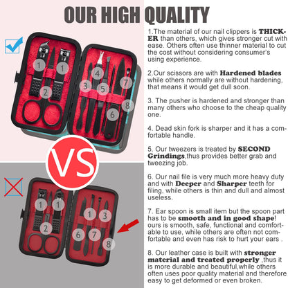 Manicure Set 9 in 1 Stainless Steel, Nail Clippers Scissors Pedicure Tools Kit - Portable Travel Grooming Kit for Men and Women with Black/Red Leather Case (Red)