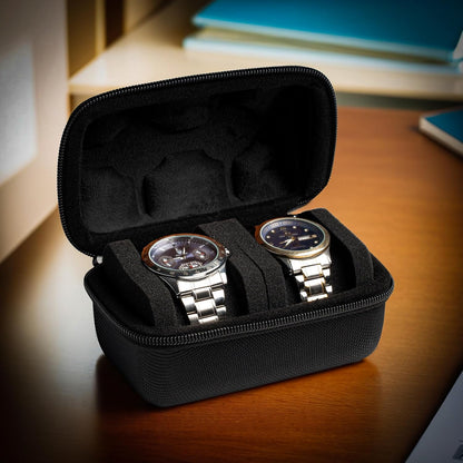 2 slot Hard Watch Travel Case, Watch Roll Case Storage and Organizer for Men and Women, with anti-move watch pillow (Black fabric 2 slot)