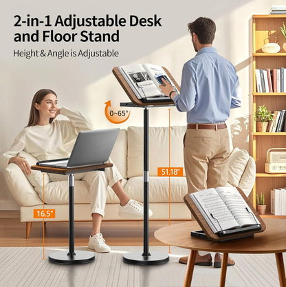 2 in 1 Dual-use Laptop Floor Stand & Laptop Stand for Desk, Small Adjustable Table with Height Adjustable from 16.5" to 51", Wooden Portable Tall Laptop Stand for Projector, Ipad, Tablet, Recipe