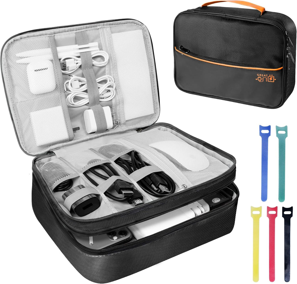 Electronics Travel Organizer, Large Double Layer Portable Waterproof Travel Organizer Bag for Charging Cable Storage, Ipad, Power Bank, Business and School ,5pcs Cable Ties-Black