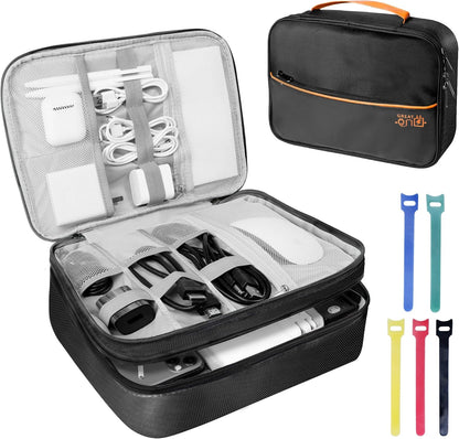 Electronics Travel Organizer, Large Double Layer Portable Waterproof Travel Organizer Bag for Charging Cable Storage, Ipad, Power Bank, Business and School ,5pcs Cable Ties-Black