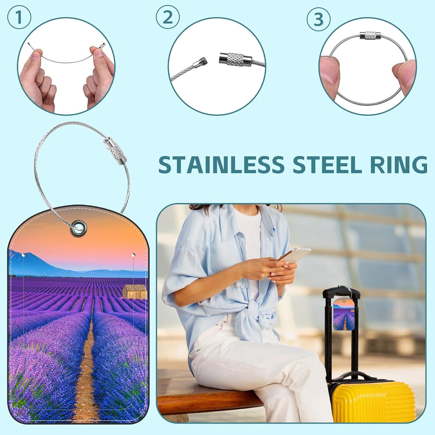 Purple Lavender Luggage Tag for Suitcase Set of 2 PU Leather Cute Luggage Tags with Stainless Metal Loop ID Label Privacy Flap Suitcase Tags for Women and Men Travel