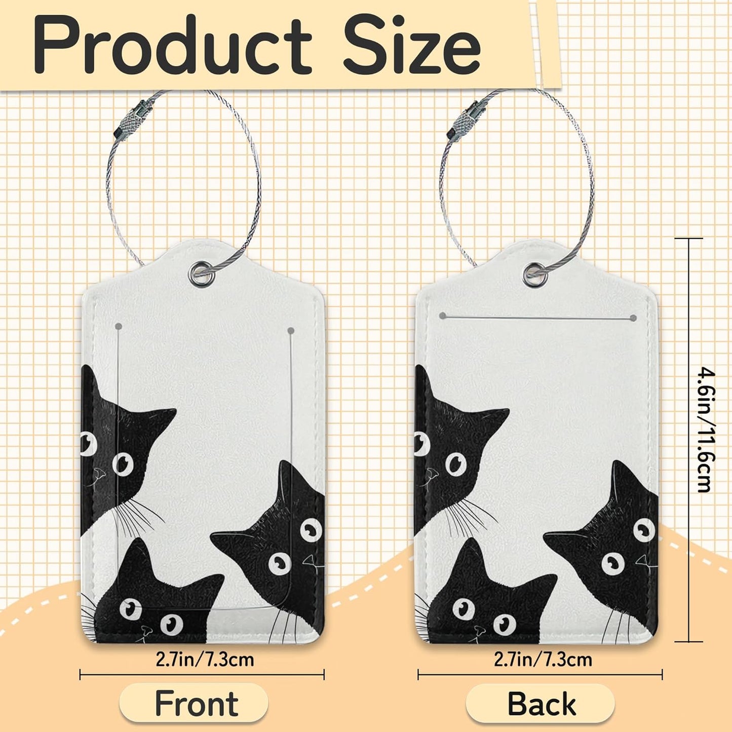 Black Cat Luggage Tag for Suitcase,Design with Privacy Flap Name ID Label Metal Loop, 3 Pack