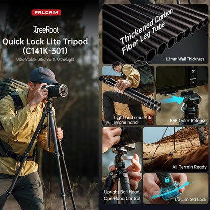 FALCAM TreeRoot F38 Quick Lock Lite Carbon Fiber Travel Tripod with Ball Head Load Capacity 3kg/6.6lbs, Max Vertical Payload 40Kg/88lbs for Cameras, All-Terrain Stability (C141K-301)