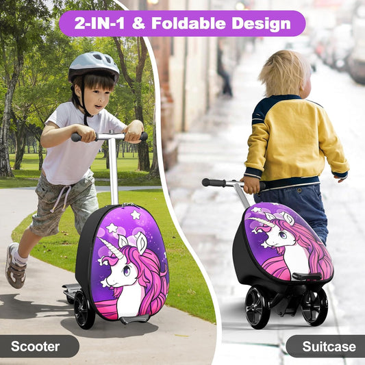 2-in-1 Ride-On Scooter Suitcase, Scooter Luggage for Kids Ages 5-12, Foldable & Lightweight Carry with LED Light-Up Wheels